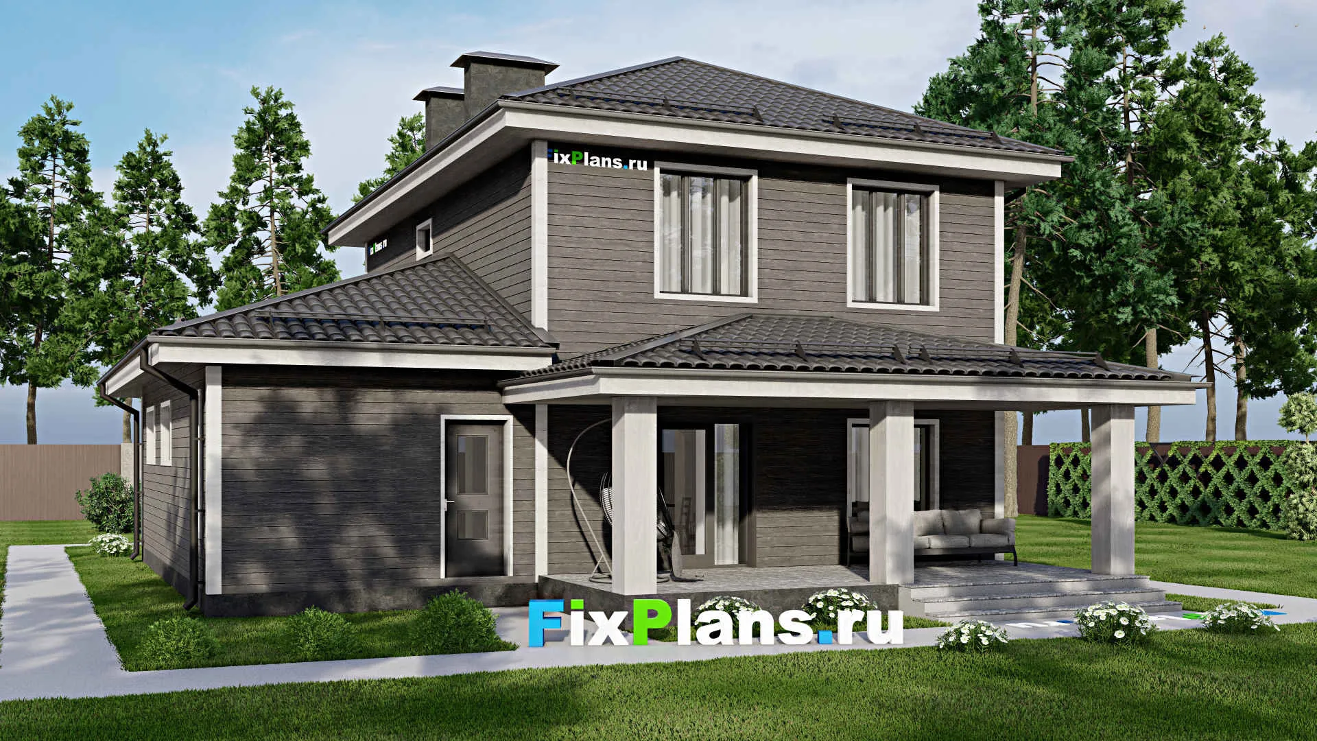 F-3554 - Проект двухэтажного дома 12 на 13, площадью 190 м² с террасой, гаражом на 2 машины и 5 спальнями