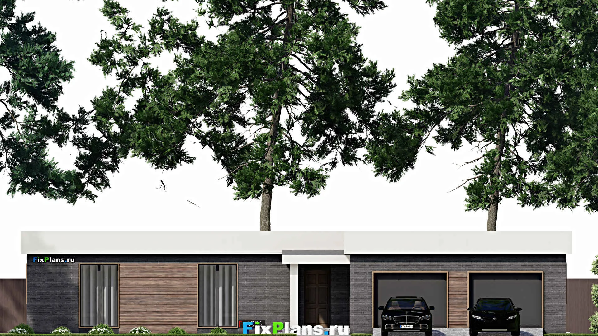 F-4976 - План одноэтажного дома 15 на 20, площадью 210 м² с террасой, гаражом на 2 машины и 3 спальнями