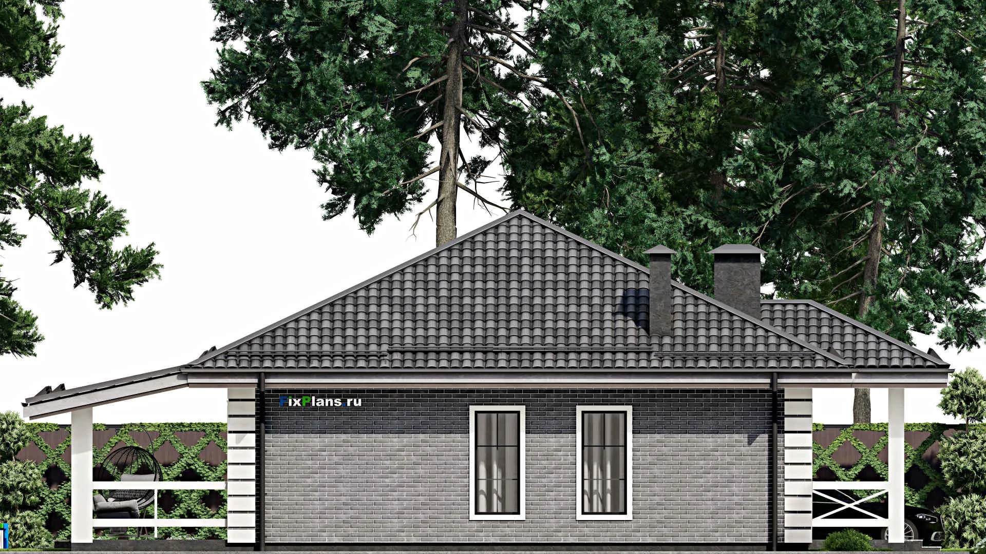 F-7154 - План одноэтажного дома 11 на 17, площадью 200 м² с террасой и 4 спальнями