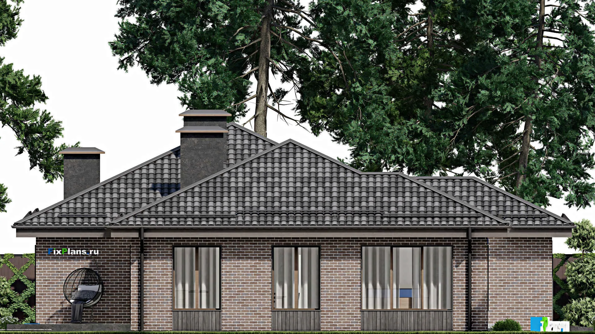 F-6974 - Проект одноэтажного дома 17 на 17, площадью 200 м² с террасой, гаражом на 1 машину и 4 спальнями