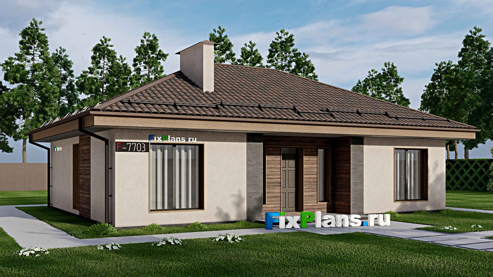F-7703 - Проект одноэтажного дома 12 на 14, площадью 120 м² с 3 спальнями