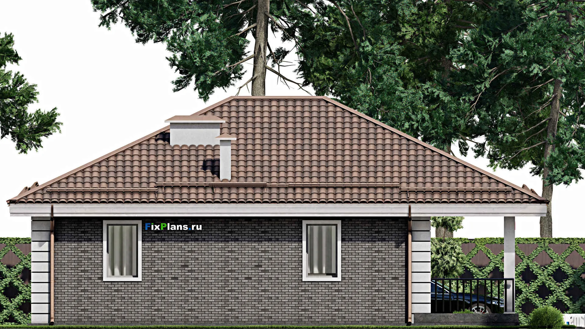 F-9881 - Проект одноэтажного дома 14 на 15, площадью 150 м² с террасой и 4 спальнями