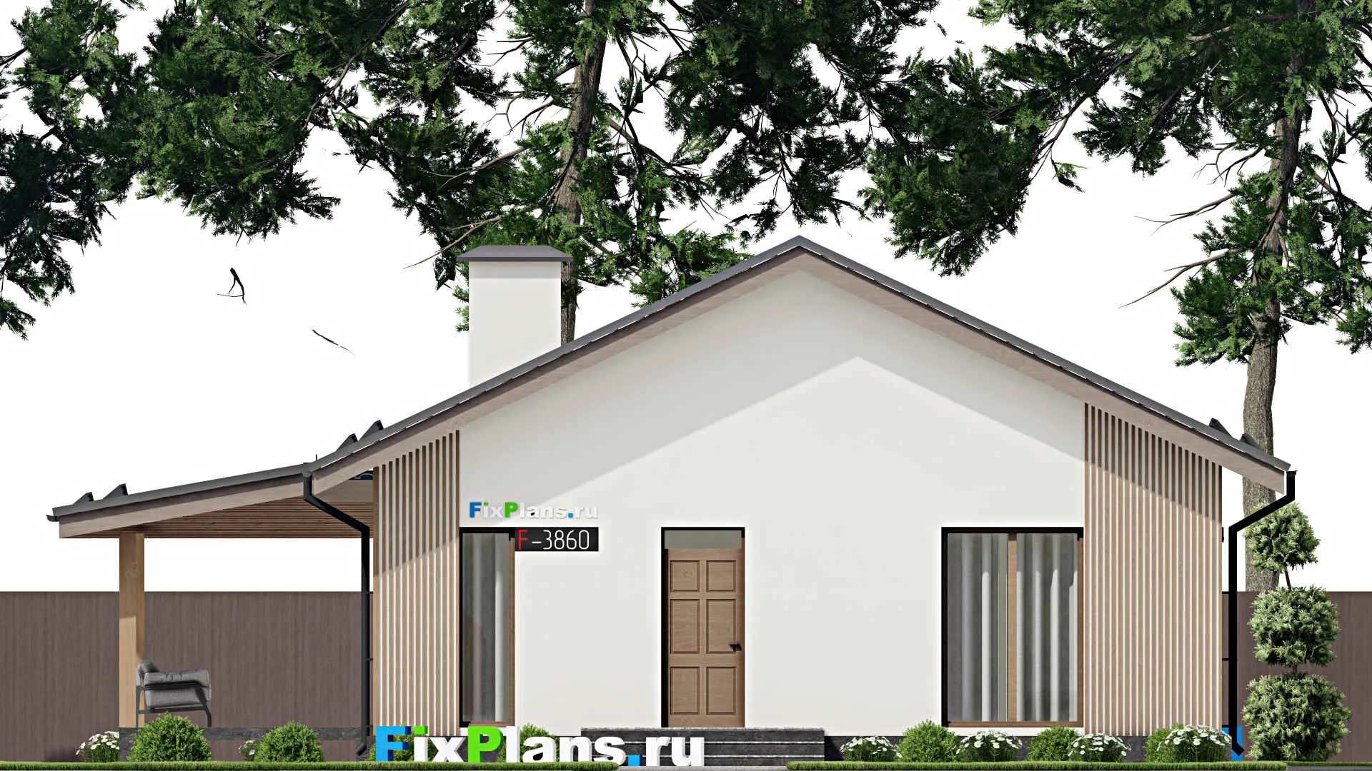 F-3860 - Проект одноэтажного дома 11 на 11, площадью 120 м² с террасой и 3 спальнями