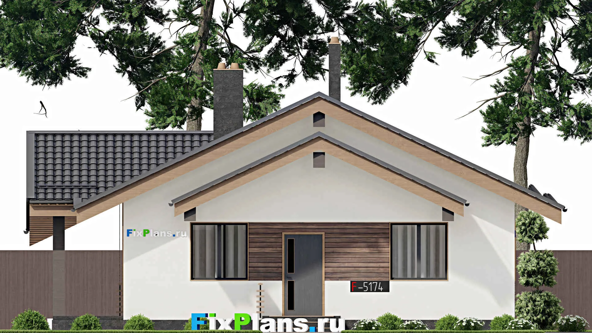 F-5174 - План одноэтажного дома 11 на 11, площадью 140 м² с террасой и 1 спальнями