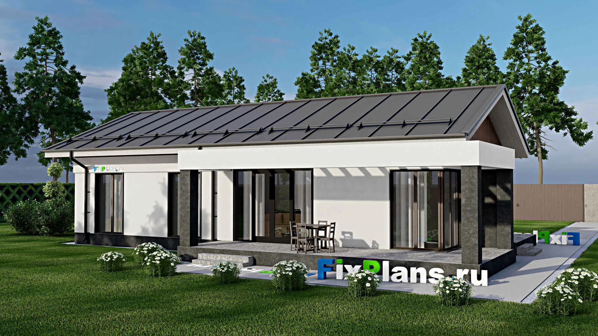 F-1934 - Проект одноэтажного дома 9 на 16, площадью 130 м² с террасой и 4 спальнями