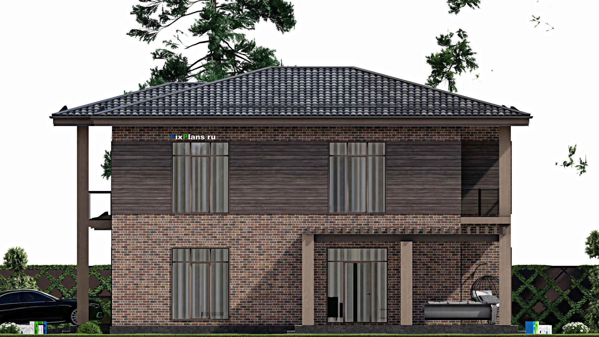 F-6785 - Планы двухэтажного дома 15 на 23, площадью 330 м² с террасой, балконом, гаражом на 2 машины и 4 спальнями