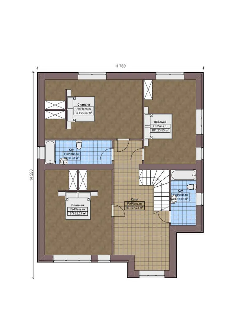 F-2240 - Планы двухэтажного дома 12 на 15, площадью 290 м² с террасой и 3 спальнями