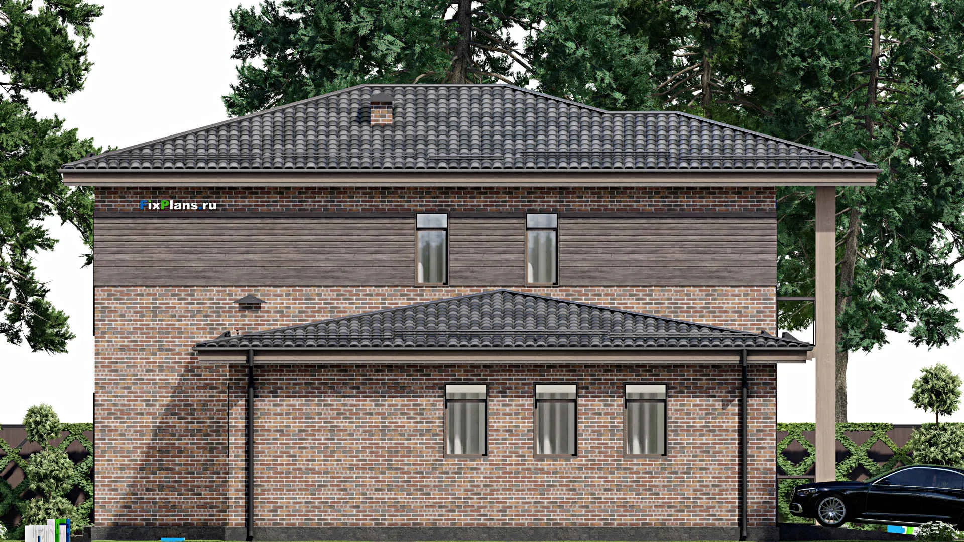 F-6785 - Планы двухэтажного дома 15 на 23, площадью 330 м² с террасой, балконом, гаражом на 2 машины и 4 спальнями