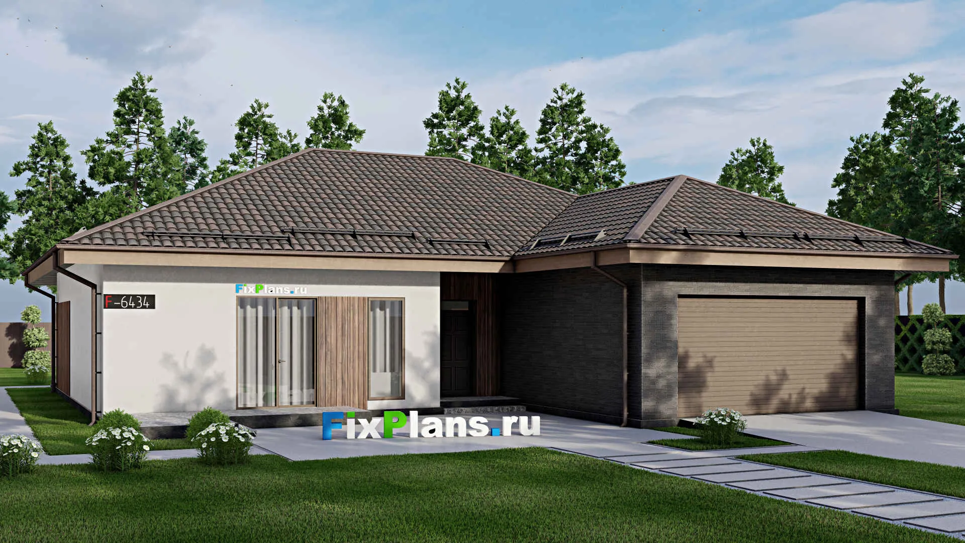 F-6434 - Проект одноэтажного дома 18 на 21, площадью 330 м² с террасой, гаражом на 2 машины и 4 спальнями
