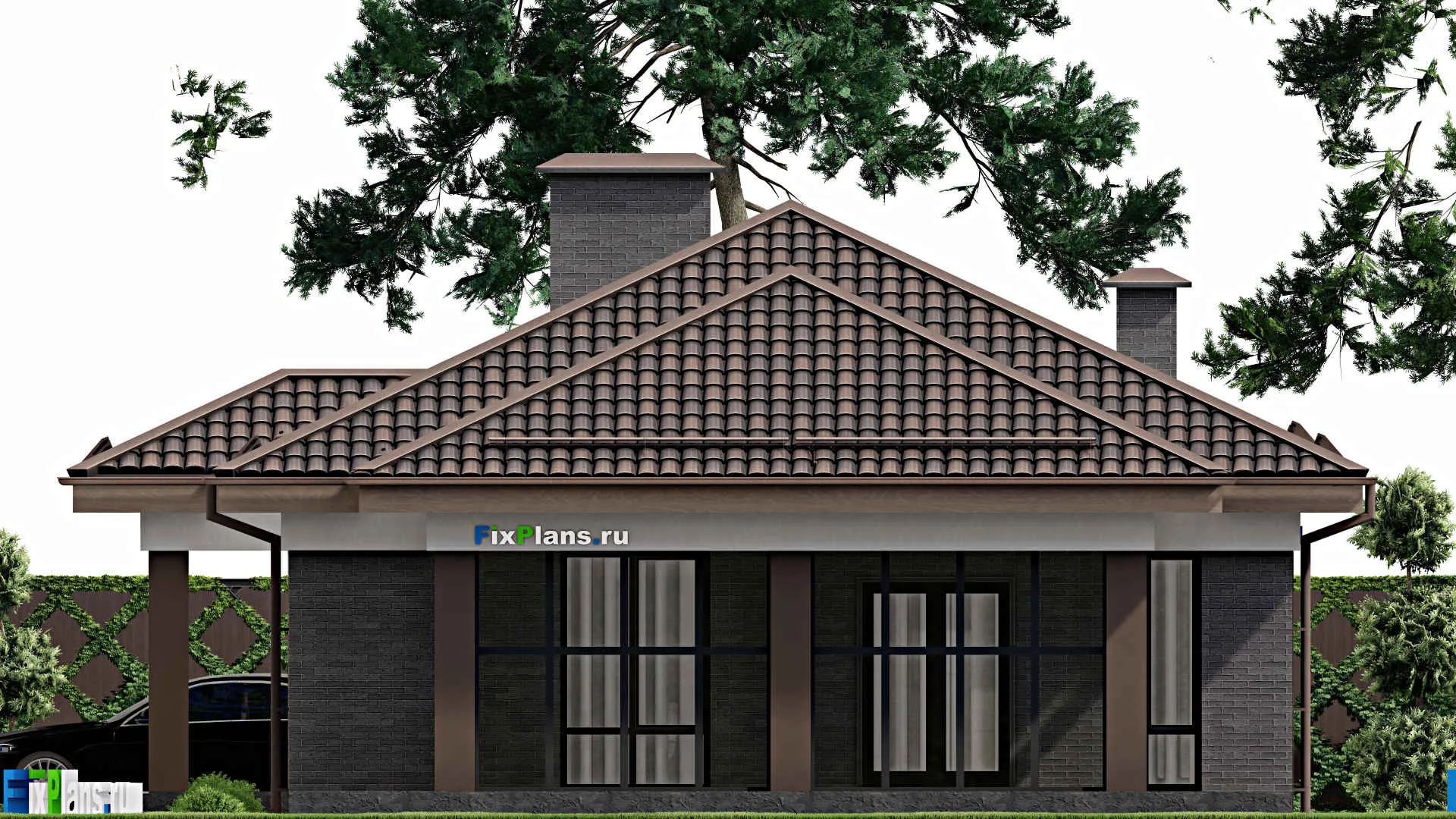 F-8414 - Проект одноэтажного дома 12 на 15, площадью 160 м² с террасой и 4 спальнями