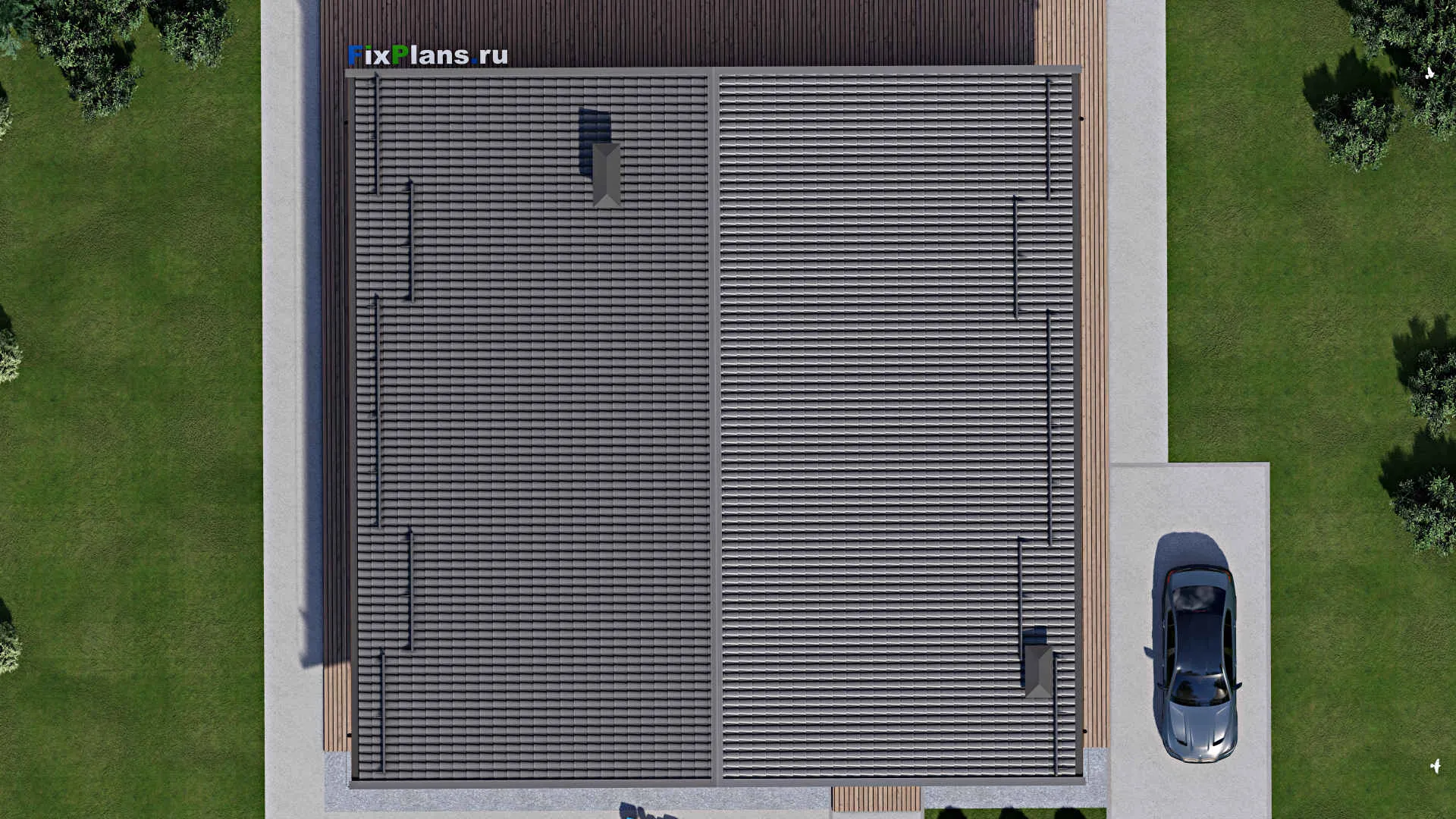 F-2447 - Проект одноэтажного дома 17 на 17, площадью 360 м² с террасой и 3 спальнями