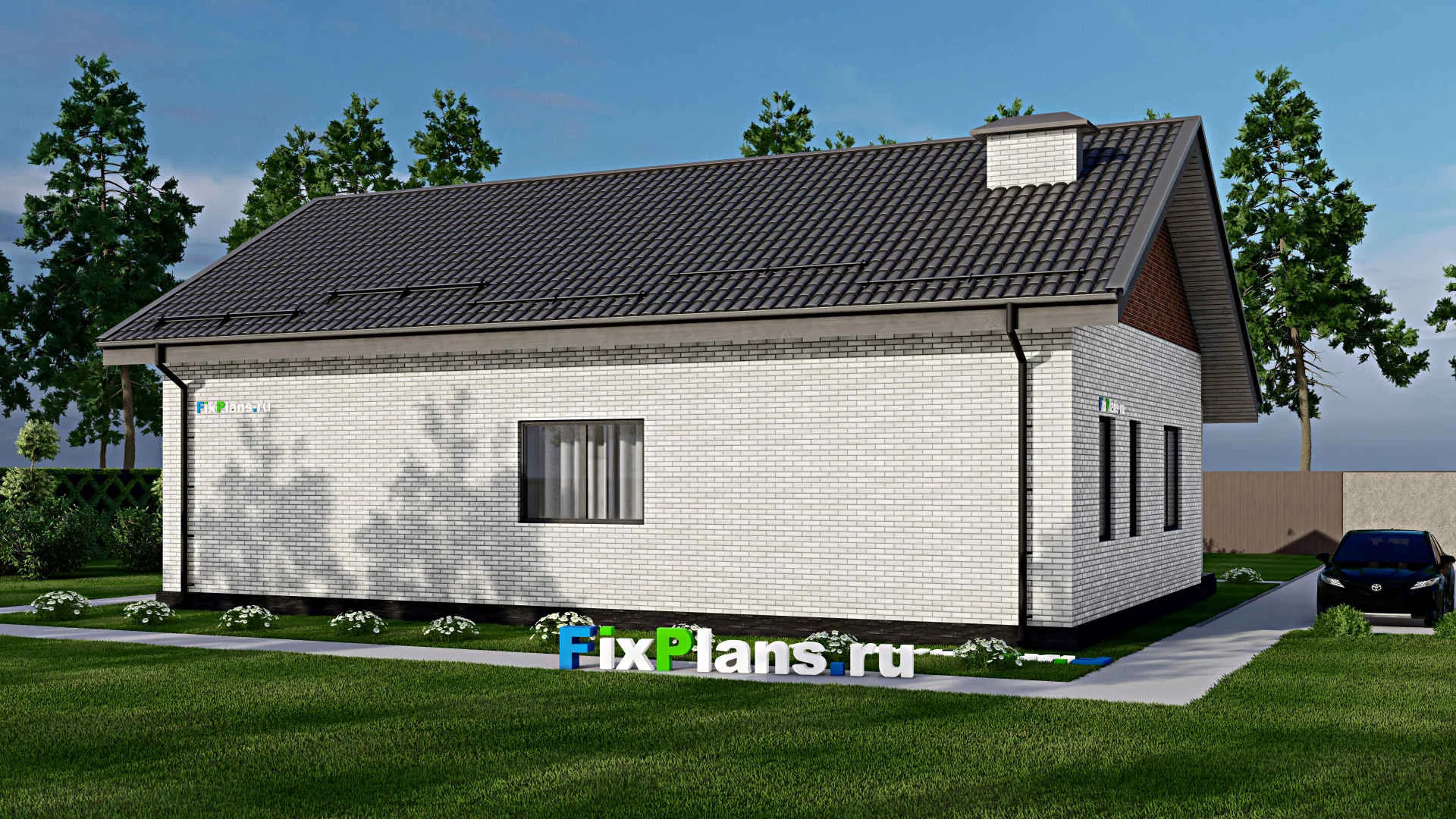 F-3140 - Проект одноэтажного дома 11 на 16, площадью 130 м² с террасой и 3 спальнями