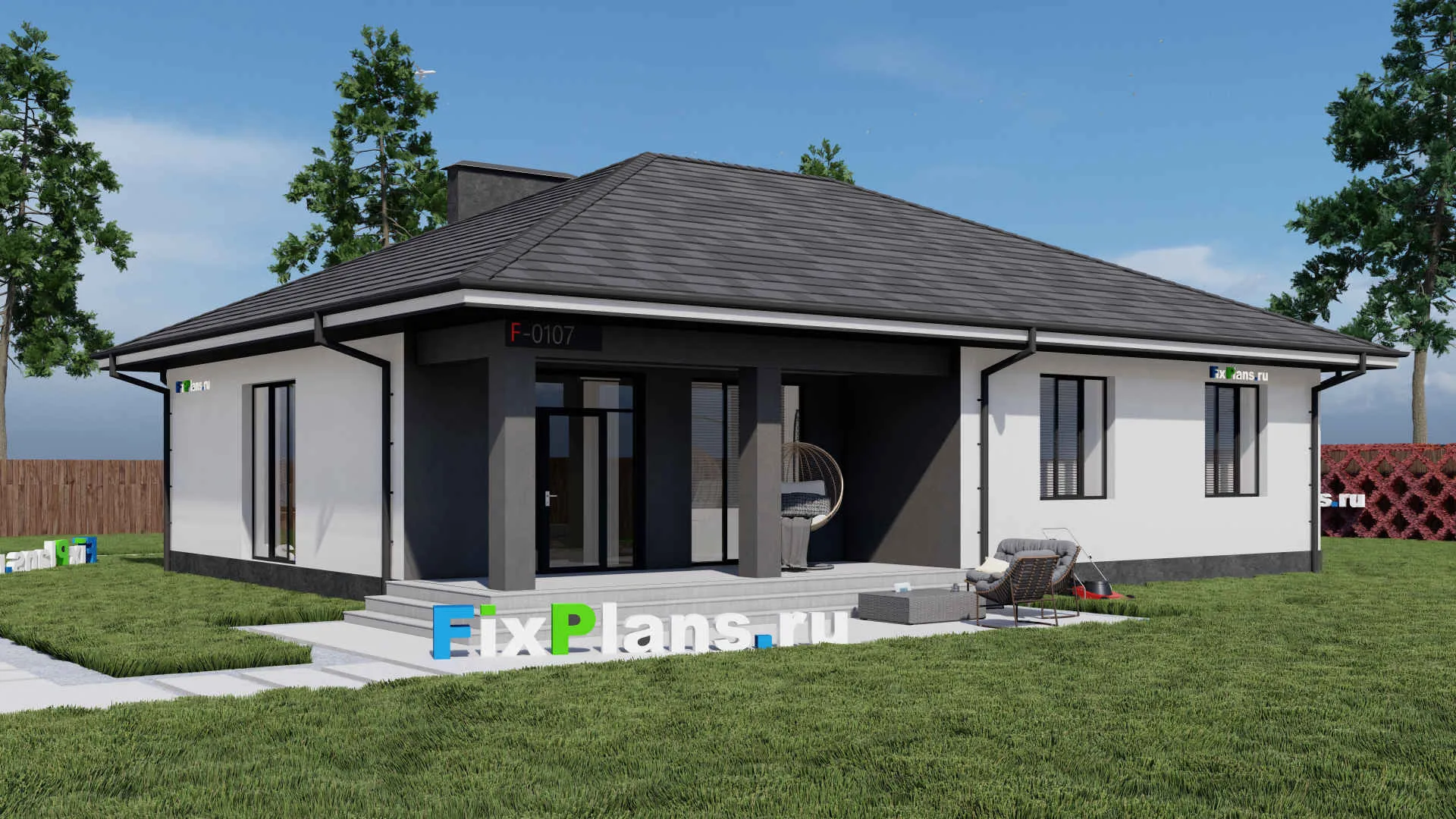 F-0107 - План одноэтажного дома 14 на 16, площадью 150 м² с террасой и 3 спальнями