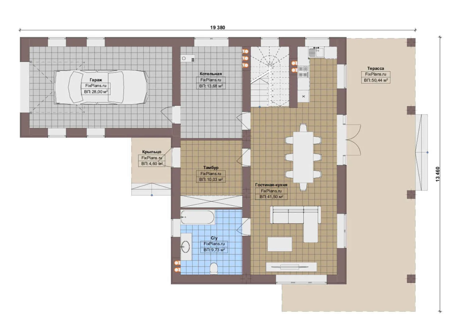 F-17567 - Планы двухэтажного дома 14 на 20, площадью 310 м² с террасой, балконом, гаражом на 1 машину и 2 спальнями