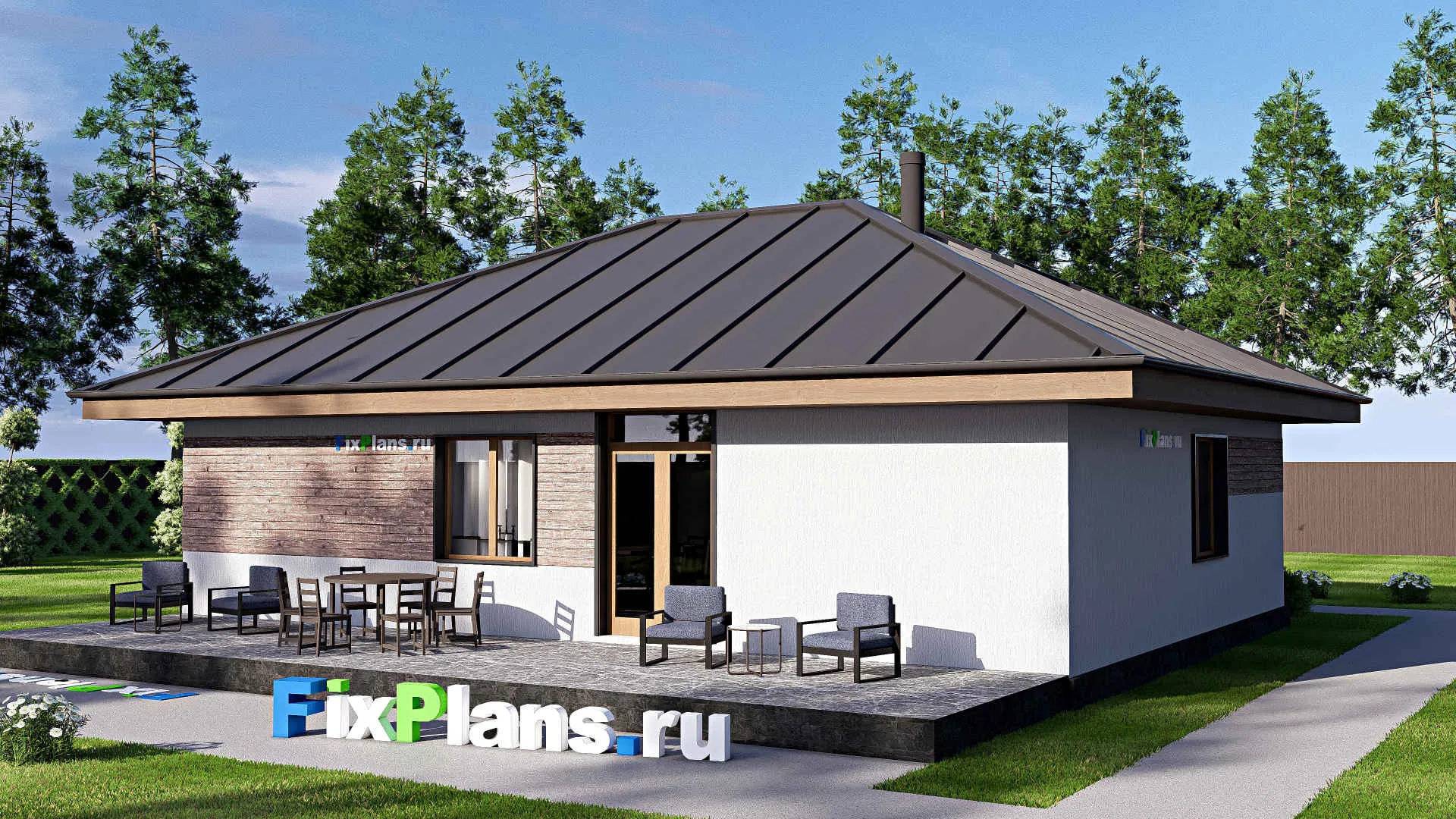 F-19835 - Проект одноэтажного дома 13 на 14, площадью 140 м² с террасой и 3 спальнями