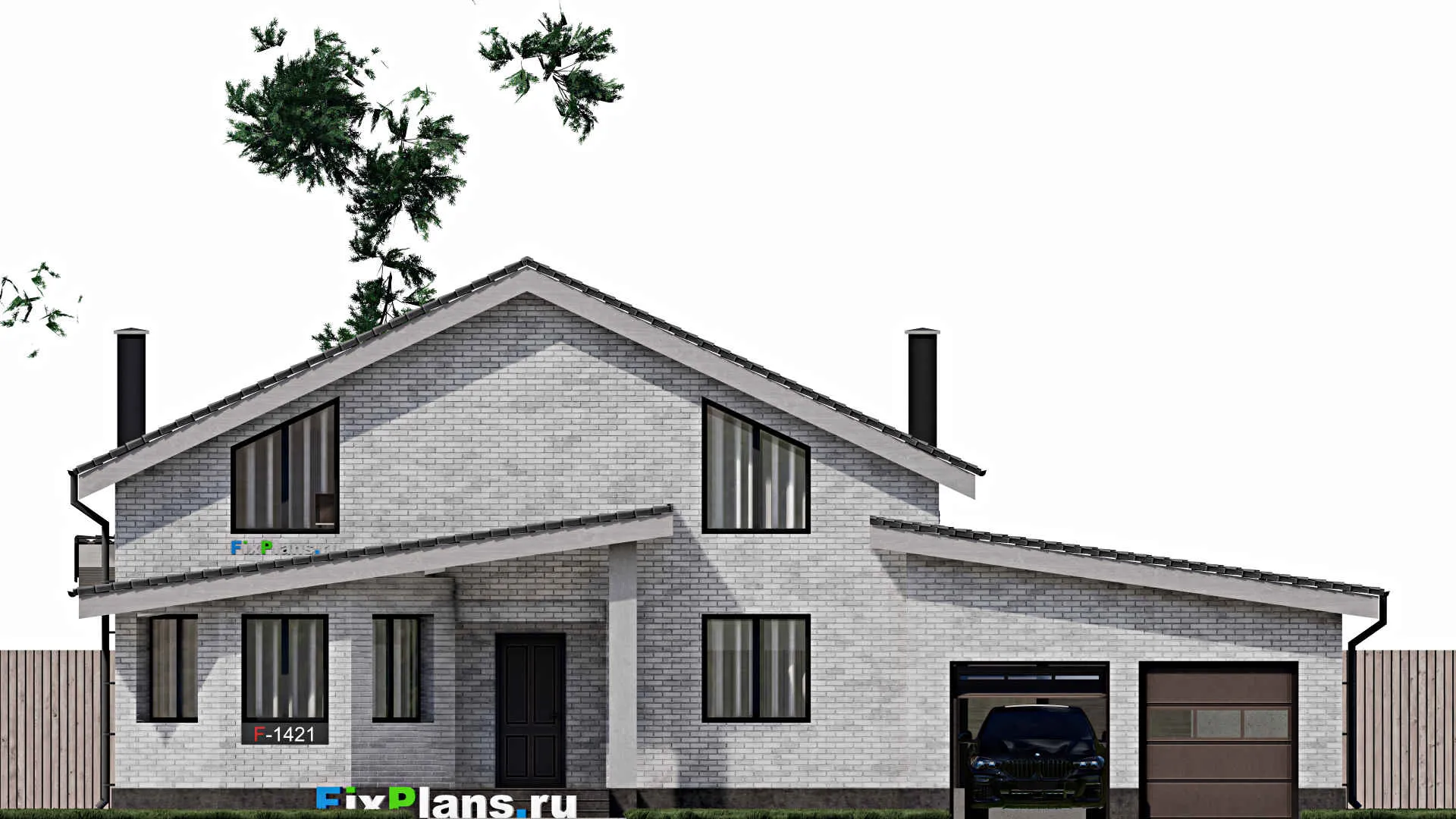 F-1421 - Планы дома с мансардой 17 на 17, площадью 240 м² с террасой, гаражом на 1 машину и 3 спальнями