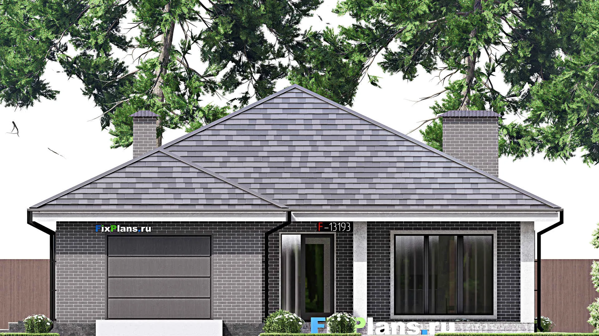 F-13193 - Проект одноэтажного дома 14 на 25, площадью 260 м² с террасой, гаражом на 2 машины и 3 спальнями