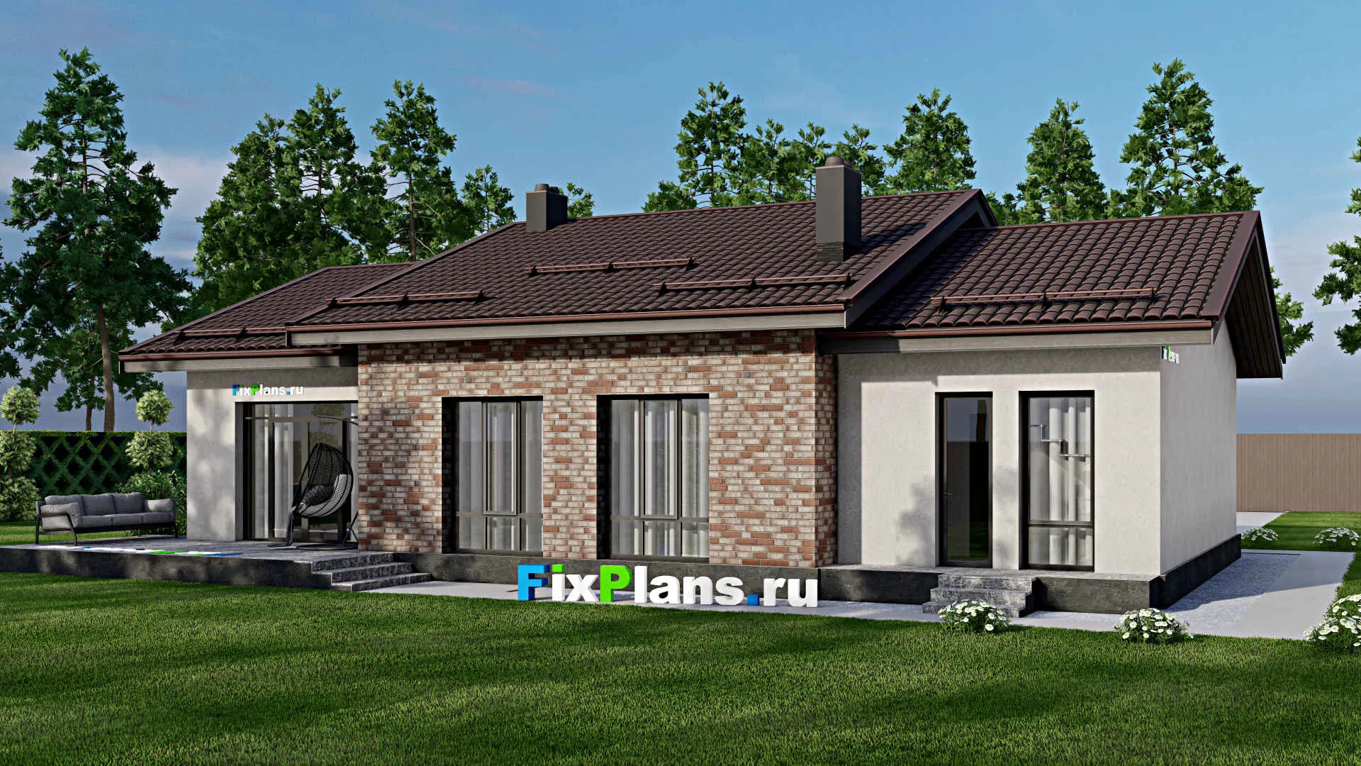 F-2060 - Проект одноэтажного дома 12 на 17, площадью 160 м² с террасой, гаражом на 1 машину и 3 спальнями