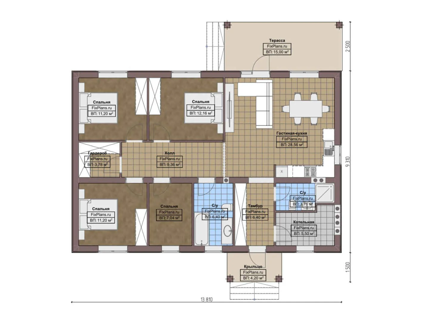 F-5354 - План одноэтажного дома 10 на 14, площадью 130 м² с террасой и 4 спальнями