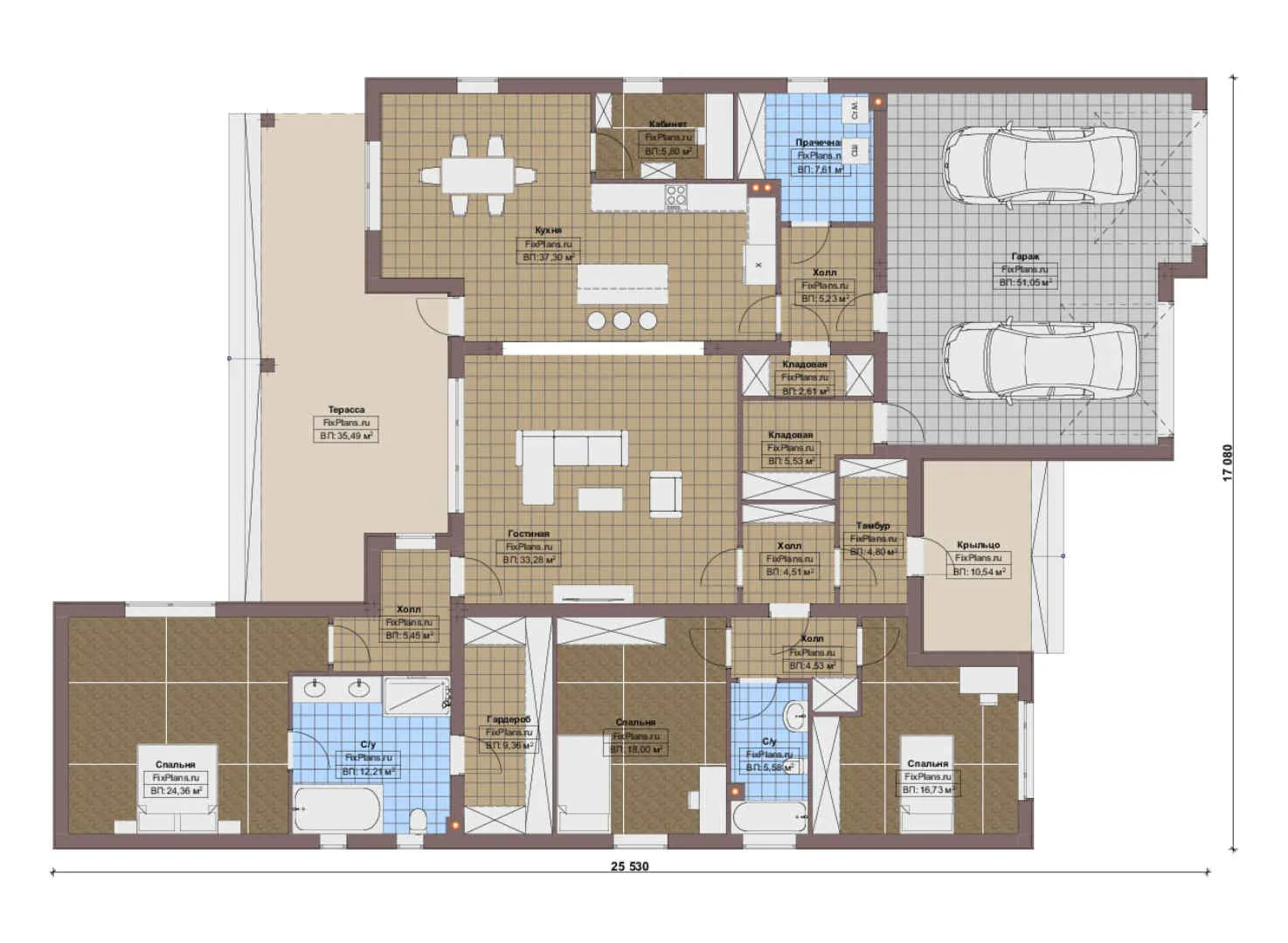 F-16766 - План одноэтажного дома 18 на 26, площадью 300 м² с террасой, гаражом на 2 машины и 3 спальнями