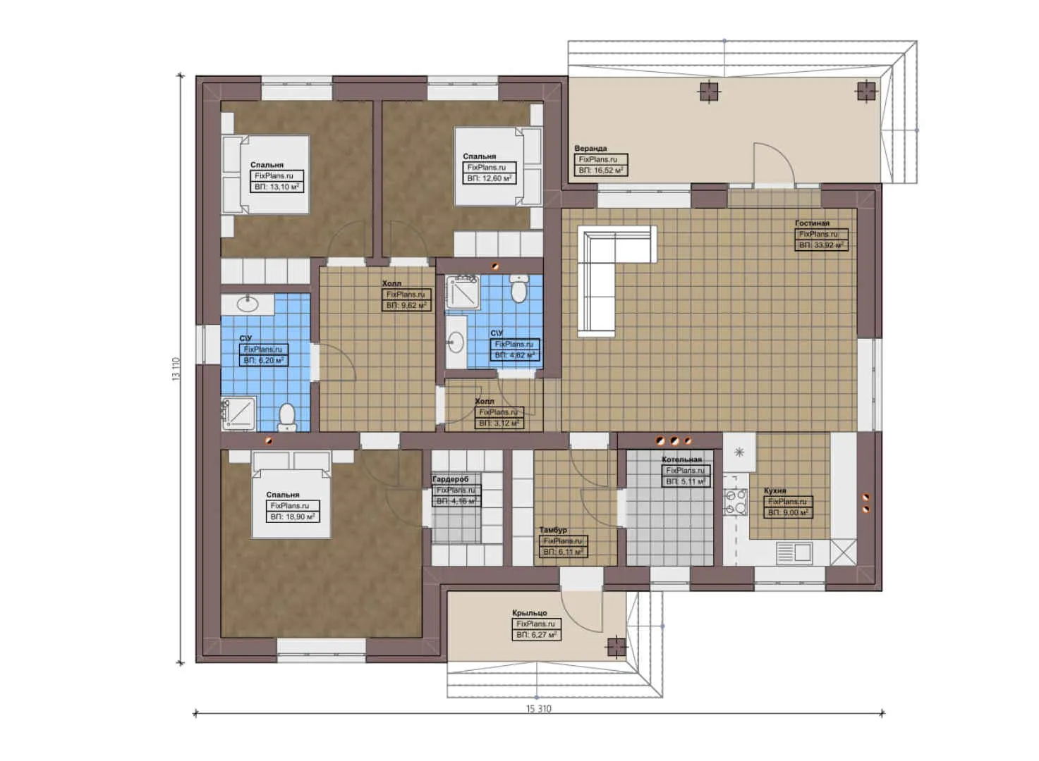 F-0107 - План одноэтажного дома 14 на 16, площадью 150 м² с террасой и 3 спальнями