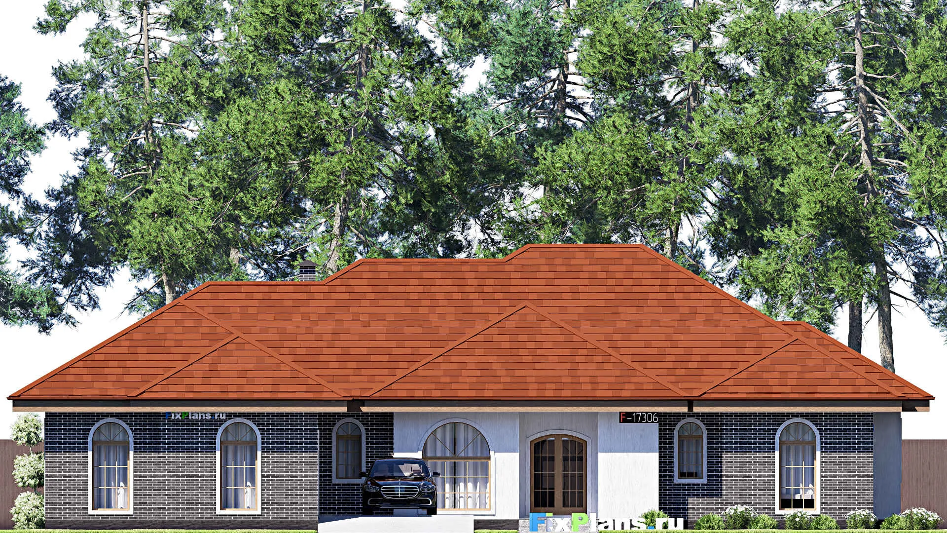 F-17306 - План одноэтажного дома 22 на 24, площадью 270 м² с террасой, гаражом на 2 машины и 4 спальнями